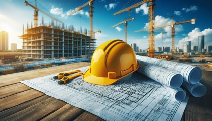 photo of a construction helmet on blueprints, construction site