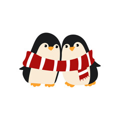 A cute winter illustration with two penguins wrapped in a red scarf