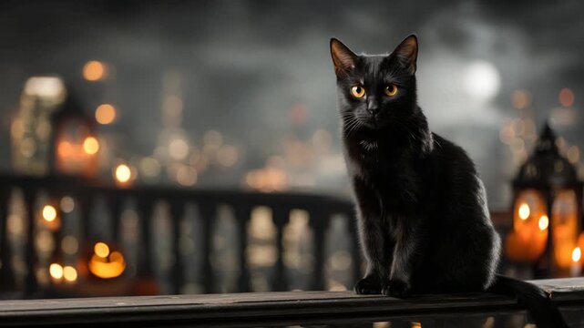 Black cat perched on ledge with evening city lights and candles