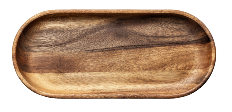 A smooth, elongated oval wooden dish with rich grain patterns