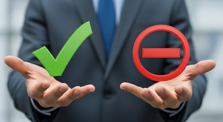 Hands holding check mark and minus sign representing approval and denial, success and failure