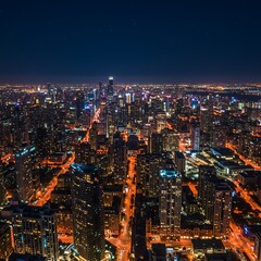 Obraz premium Stunning Aerial View of a Vibrant Cityscape at Night with Illuminated Buildings and Streets.