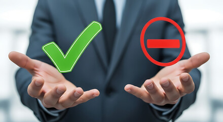 Strategic business decision-making concept hands presenting positive approval or negative rejection choices for critical evaluation