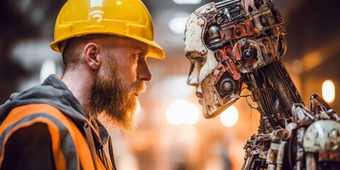 Human worker versus robot face to face, factory confrontation futuristic