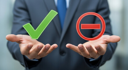 Decision making concept with businessman holding a green check mark and a red minus symbol