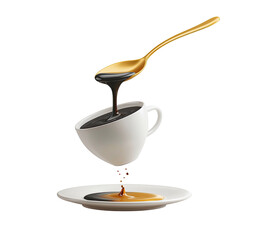 Golden spoon pours dark liquid into tilted cup, dripping onto saucer