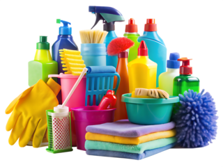 A Colorful Array of Cleaning Supplies Ready For Action isolated on white background ,PNG. AI Generated