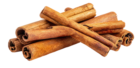 A pile of dried cinnamon sticks with a rough texture