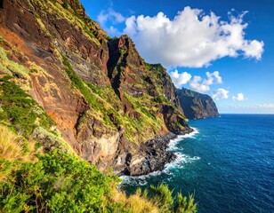 Coastal cliffs meet the ocean under a vibrant blue sky