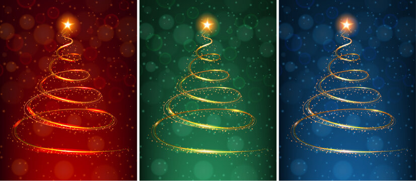 Three Sparkling Christmas Tree Spirals on Festive Red, Green, and Blue Backgrounds &mdash; Elegant Holiday Design for Greeting Cards, Winter Celebration, and Seasonal Decoration Art