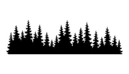 Fir trees silhouette. Coniferous spruce horizontal background pattern, black evergreen woods vector illustration. Beautiful hand drawn panorama of coniferous forest