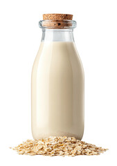 Glass bottle filled with creamy beverage, topped with cork, on oats