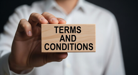Professional displaying 'Terms and Conditions' on a wooden block, highlighting crucial business and legal compliance