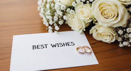 Elegant Wedding Greetings 'Best Wishes' Card with Rings and Roses, a Romantic Gesture of Love