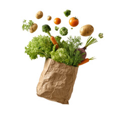 Fresh vegetables and produce spilling from a brown paper grocery bag