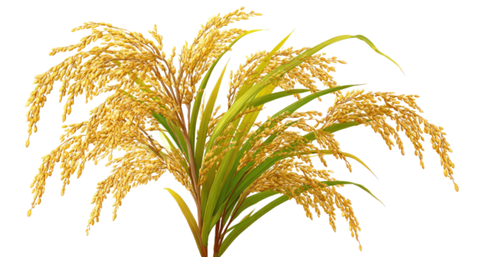 Ripe golden grain stalks with green leaves, isolated on black