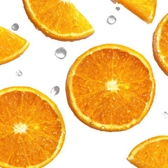 Vibrant orange slices with water droplets on a black background