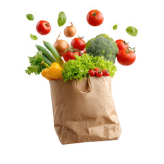 Fresh vegetables bursting from a brown paper bag against a black background