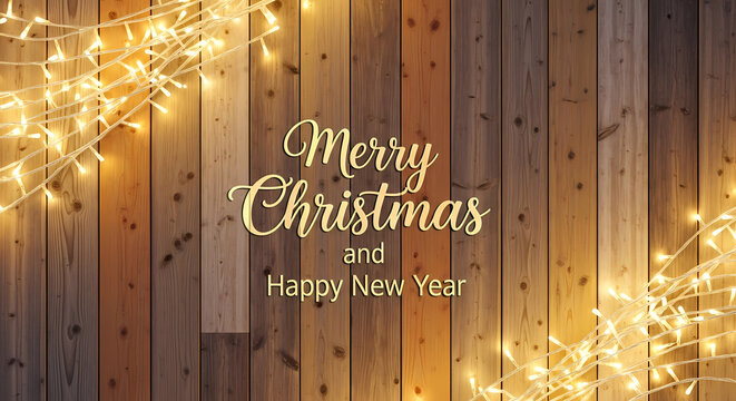 Warm wooden background with glowing string lights and Merry Christmas and Happy New Year text - Powered by Adobe