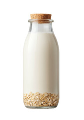 A clear glass bottle with a cork lid, filled with oat milk and oats