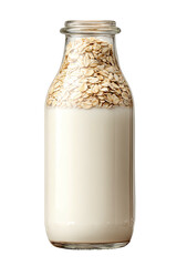 Glass bottle filled with creamy milk and rolled oats