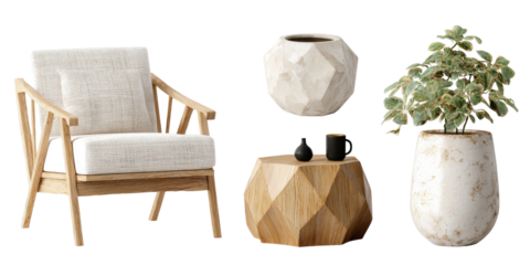 Modern armchair, geometric table, vases, and potted plant