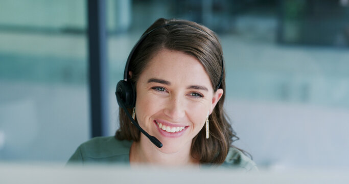 Smile, contact us and woman with computer in call center for help desk, language translation or crm. Headset, happy agent and person with feedback in office, multilingual support or customer service