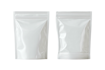 Two blank white resealable pouches, front and back views