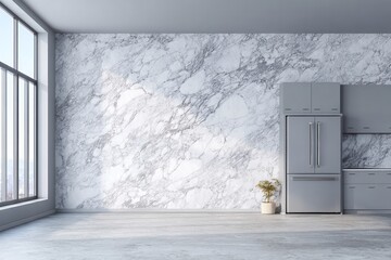 Modern kitchen interior features gray cabinets and a large window.