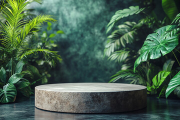 Natural Podium and Stage for Beauty Product Presentation with Leaves and Flowers, Generative AI