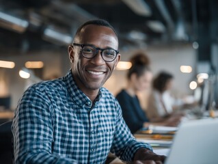 Obraz premium Cheerful black man working at a laptop in open modern office space