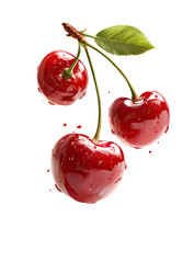 Three plump, glossy red cherries hang from a branch with one leaf