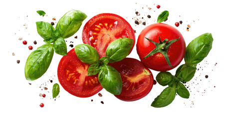 Vibrant tomatoes and fresh basil leaves scattered with spices