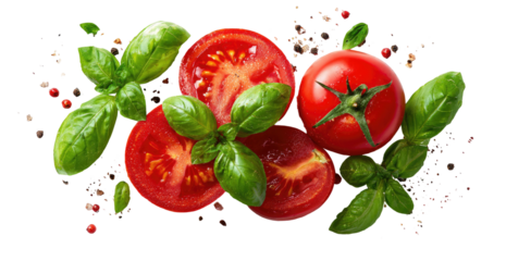 Vibrant tomatoes and fresh basil leaves scattered with spices