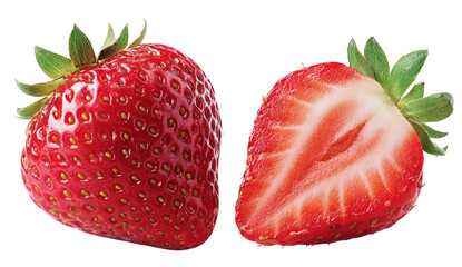 Two vibrant, juicy strawberries, one whole and one halved, on black