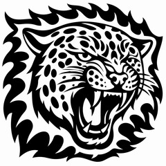 Dynamic Black and White Illustration of an Aggressive Roaring Jaguar Head with Fierce Tribal Design Elements