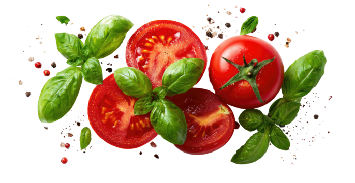 Vibrant tomatoes and fresh basil leaves scattered with spices