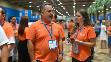 selective focus staff handing out badges and event materials