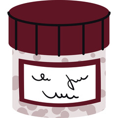 A maroon capped jar filled with small light pink and beige spheres with a white label containing handwritten squiggles on a transparent background