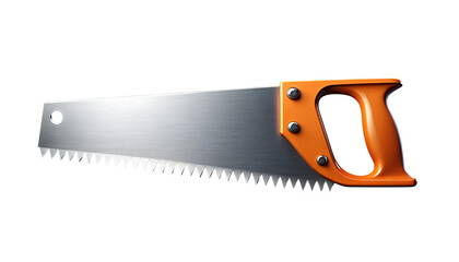 Detailed View of a Classic Hand Saw with an Orange Ergonomic Handle and Sharpened Steel Blade on a Black Background Demonstrating Essential Tools