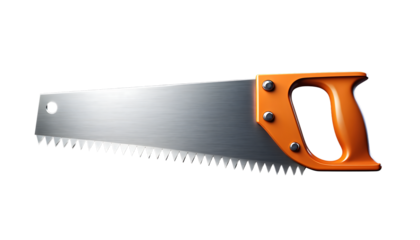 Detailed View of a Classic Hand Saw with an Orange Ergonomic Handle and Sharpened Steel Blade on a Black Background Demonstrating Essential Tools