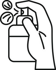 Hand using a disinfectant spray bottle, spraying and disinfecting, simple black and white line art