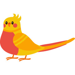 A Colorful Cartoon Cockatiel Bird With Yellow And Orange Plumage And Pink Cheeks Standing On White Background Detailed Illustration