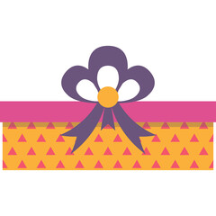 A Colorful Gift Box with a Purple Ribbon and Pink Accent and Orange Base Featuring a Triangle Pattern on a White Background