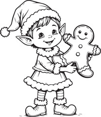 Cute Christmas elf holding a large gingerbread biscuit, festive holiday bakery treat illustration