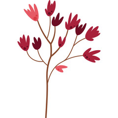 A delicate illustration of a stylized plant with deep red blossoms and thin brown branches against a clean white background featuring a transparent design element for versatile use in graphic projects