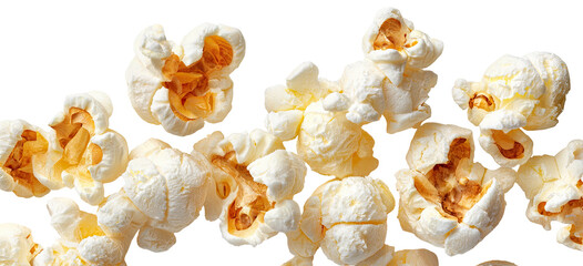 A scattered collection of fluffy, golden popcorn pieces on a black background