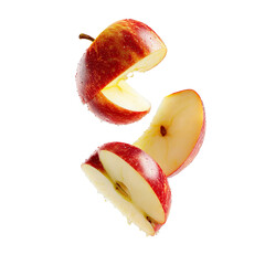 Red apple pieces in freefall, isolated on black