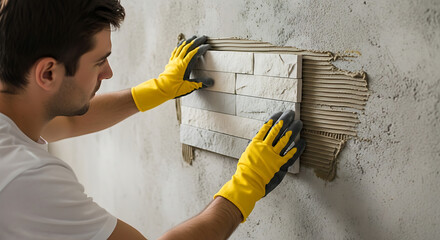 Man Carefully Placing Stone Tiles on a Wall with Precision and Attention to Detail