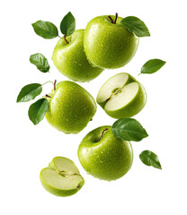 Several fresh, wet green apples and slices falling